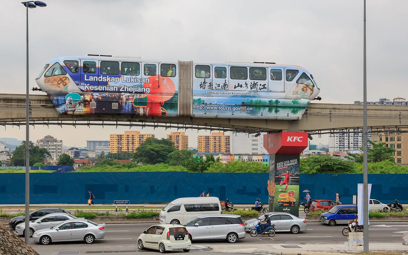 Kuala Lumpur monorail above city traffic