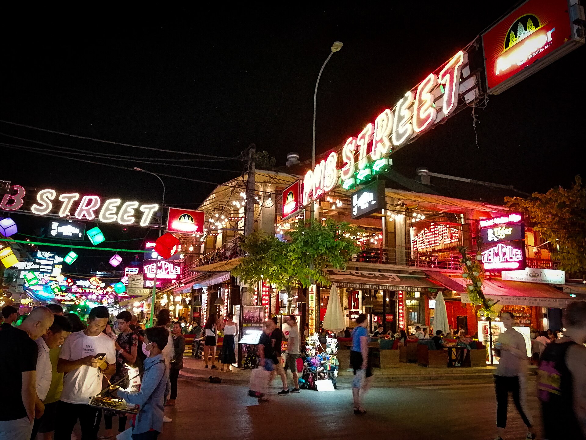 The night market in Siem Reap glowing after dark