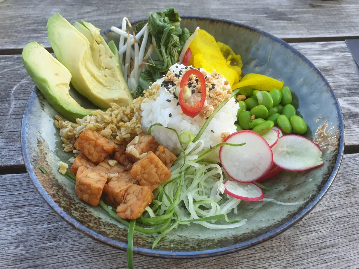 Plant-forward rice bowl with avocado and vegetables