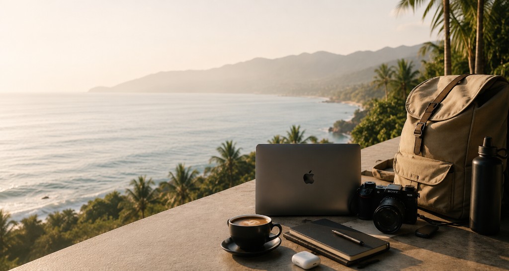 Travel gear for slow living — laptop, camera, backpack on a tropical coast